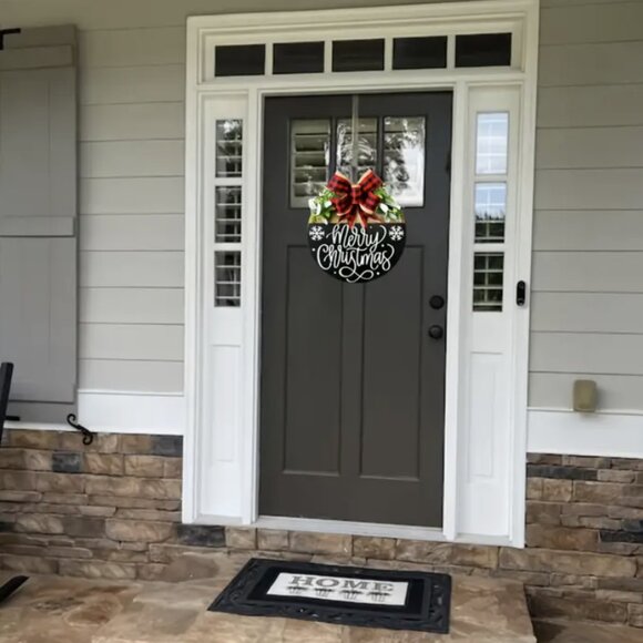 Merry Christmas Rustic Front Door Hanging Sign Festive Holiday Wood Wreath 11.8" - Picture 4 of 5